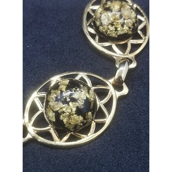 Vintage 50's 60's Black and Gold Metallic Foil Confetti Plastic Lucite Cabochon - Picture 4 of 6